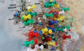 Photo by Charles Clegg/ CC by-SA 2.0 From the world map in St. Columba's, Largs: where visitors from around the world had put in pins to denote their home-town.