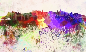 Photo reprinted courtesy of Paul Rommer via iStock Photo Edinburgh Skyline in Watercolor Background, by Paul Rommer