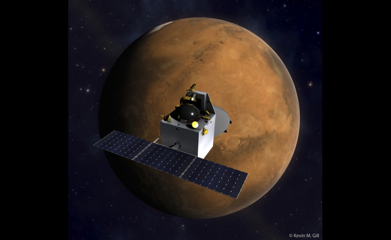 Photo reprinted courtesy Kevin Gill, via Flickr https://flic.kr/p/pdsqtR India's Mars Orbiter Mission spacecraft over Mars.