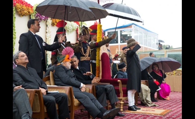 Photo reprinted courtesy Pete Souza, via Wikimedia Commons President Barack Obama speaks with Prime Minister Narendra Modi at the 2015 Republic Day Parade