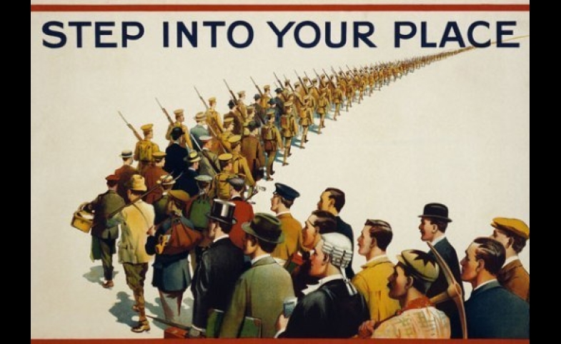 Step into your place. English propaganda poster by the Parliamentary Recruiting Committee, London. Image in the public domain