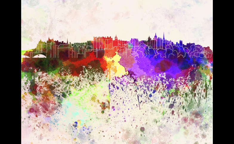 Photo reprinted courtesy of Paul Rommer via iStock Photo Edinburgh Skyline in Watercolor Background, by Paul Rommer